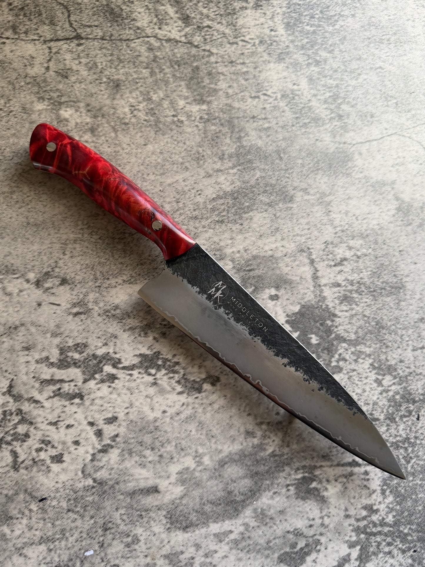 8” Chef with textured stainless san mai with Red quilted maple