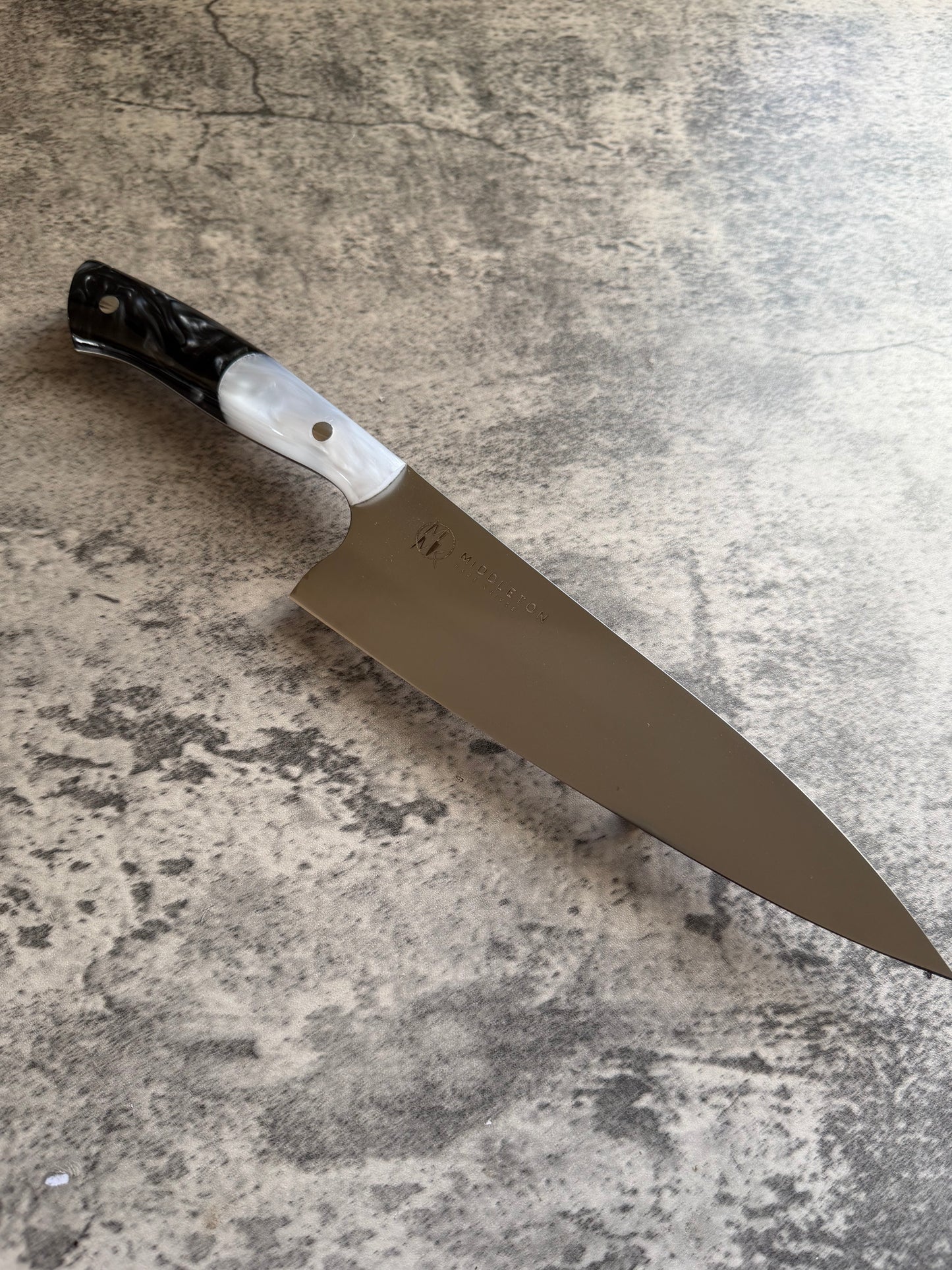 8” chef with black pearl and white pearl resin handle