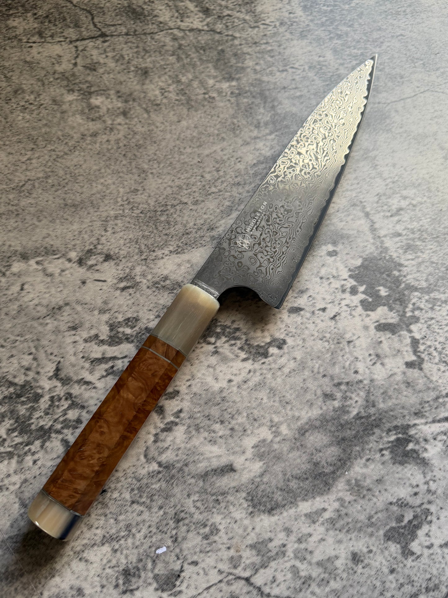 8” Damascus Gyuto with maple Burl and buffalo horn wa handle