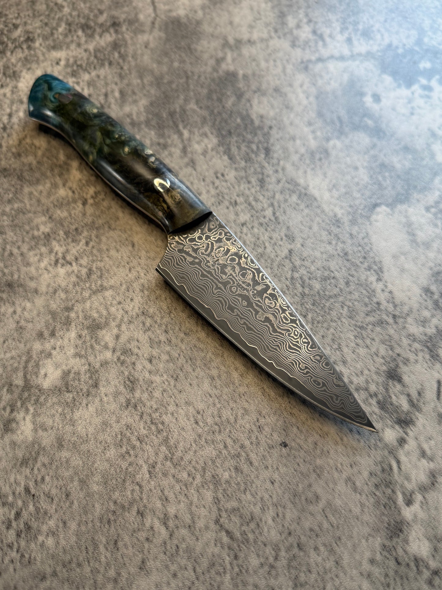 4”Damascus Paring with Blue/Green Buckeye Burl