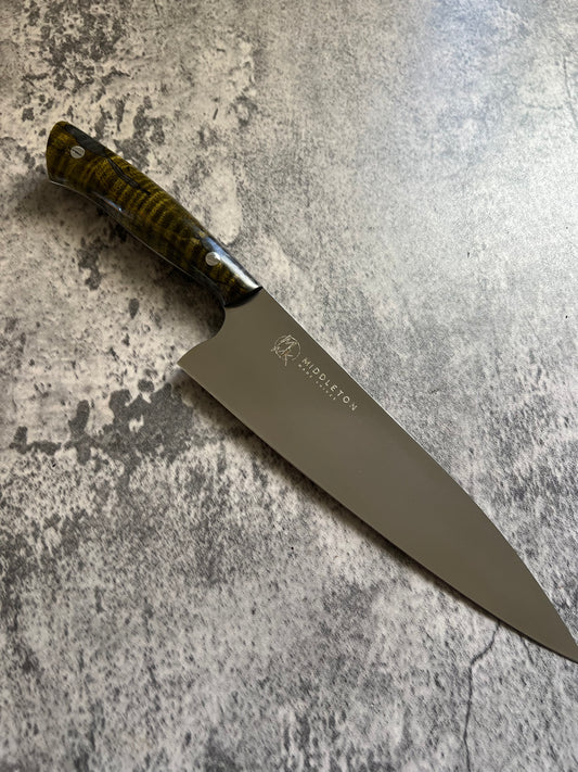 8” chef with yellow and gray curly maple