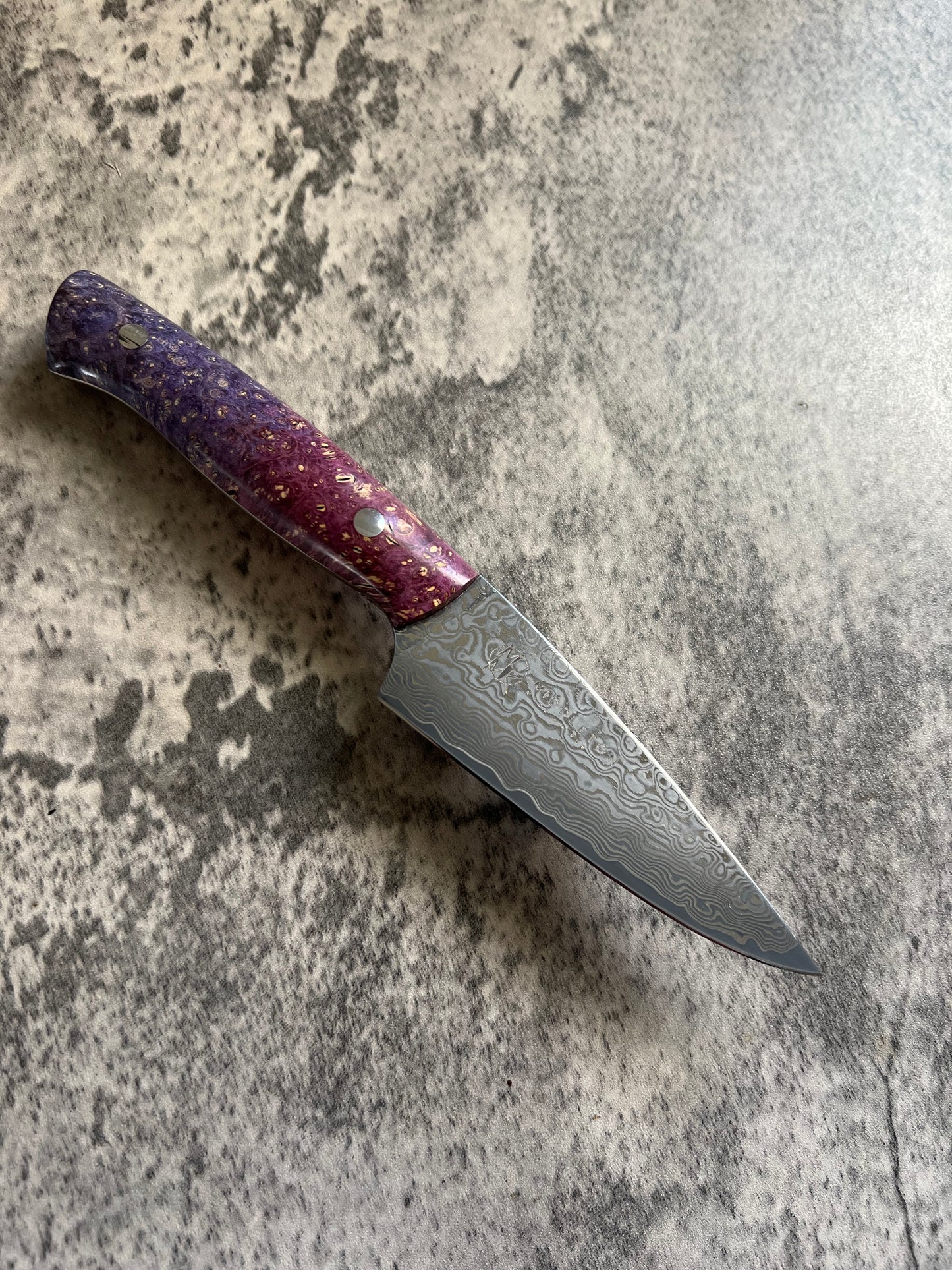 4” Damascus Paring with Red/Purple Box Elder Burl
