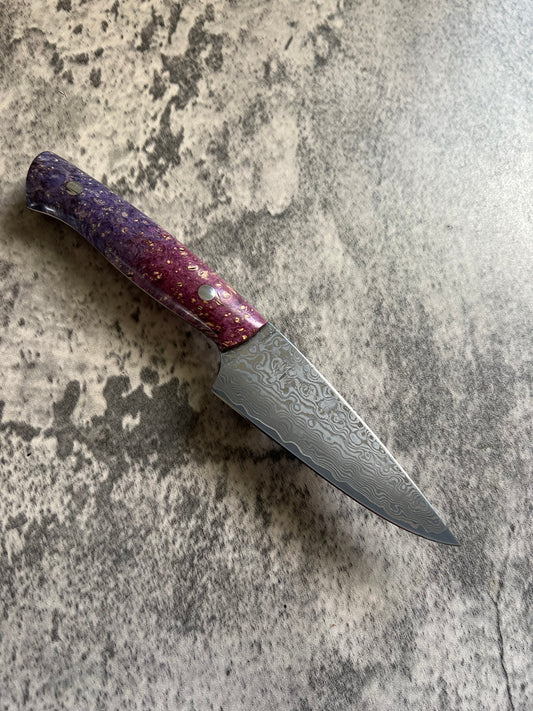 4” Damascus Paring with Red/Purple Box Elder Burl