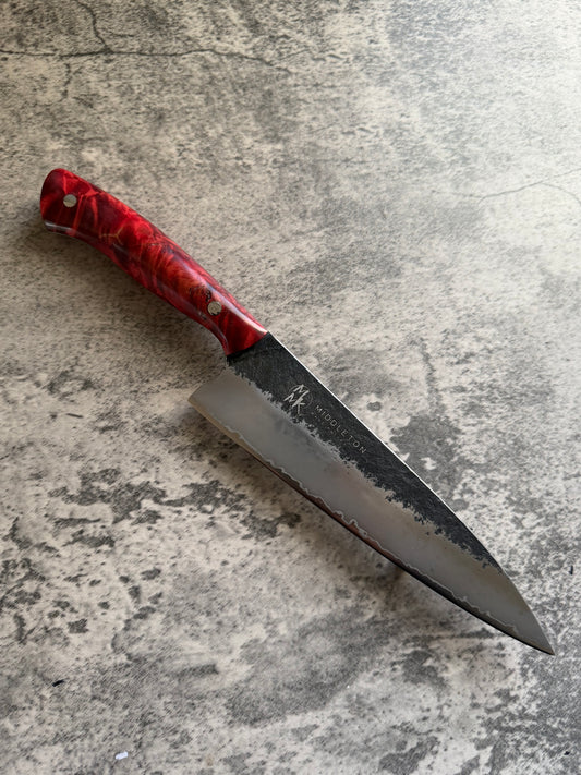 8” Chef with textured stainless san mai with Red quilted maple