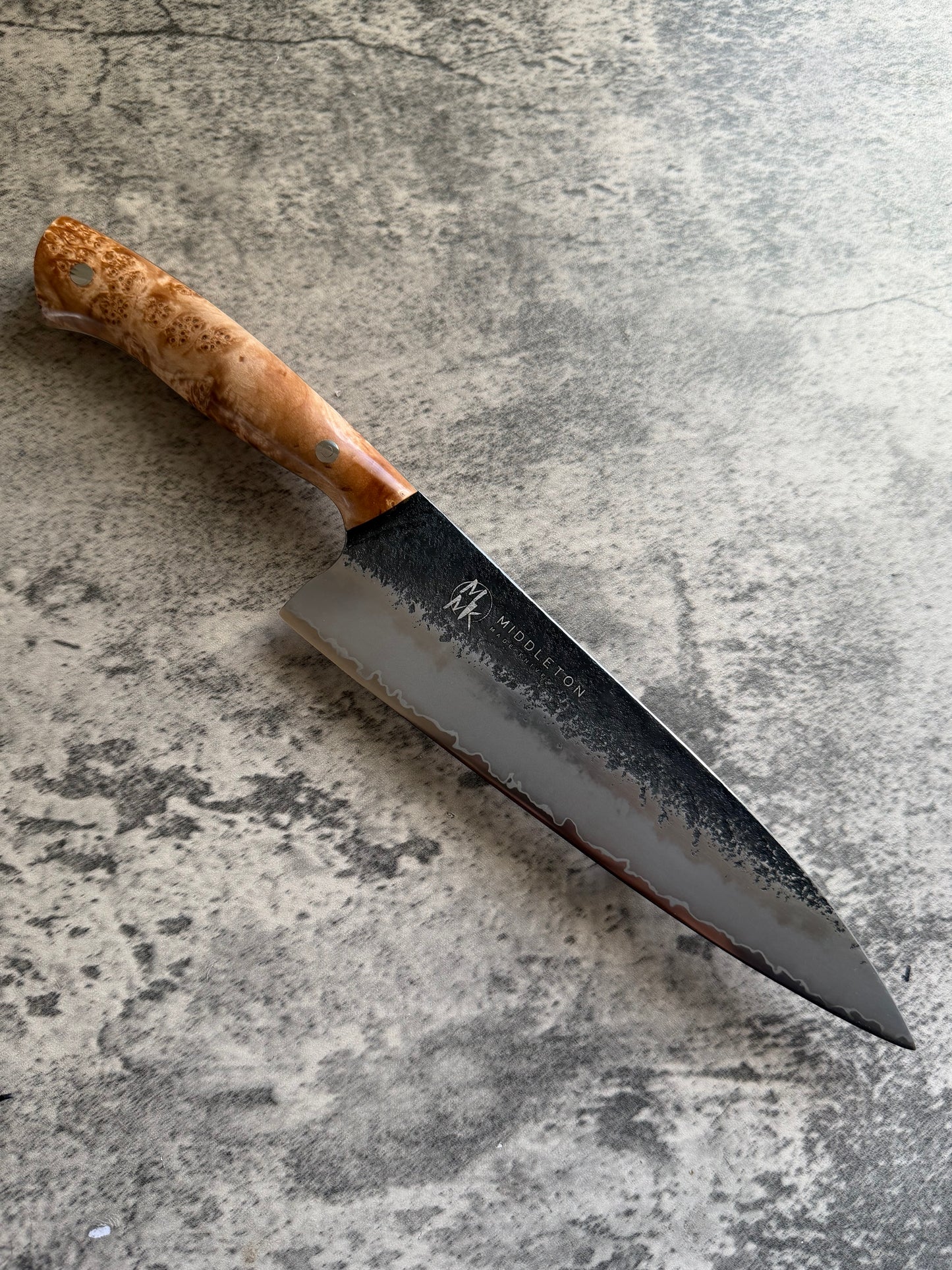 8” textured Stainless San Mai with Box elder Burl