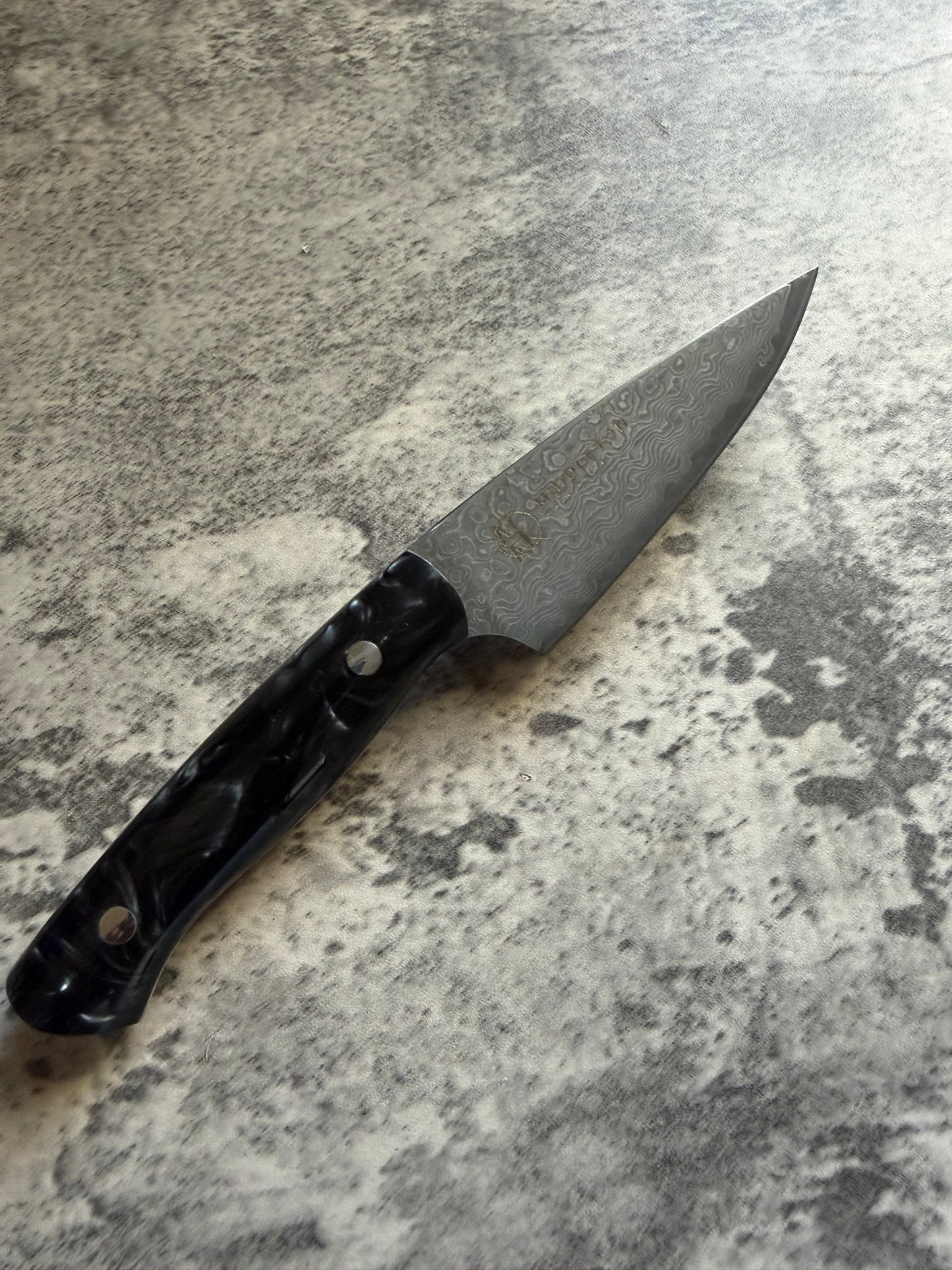 4” Damascus paring with black pearl resin handle