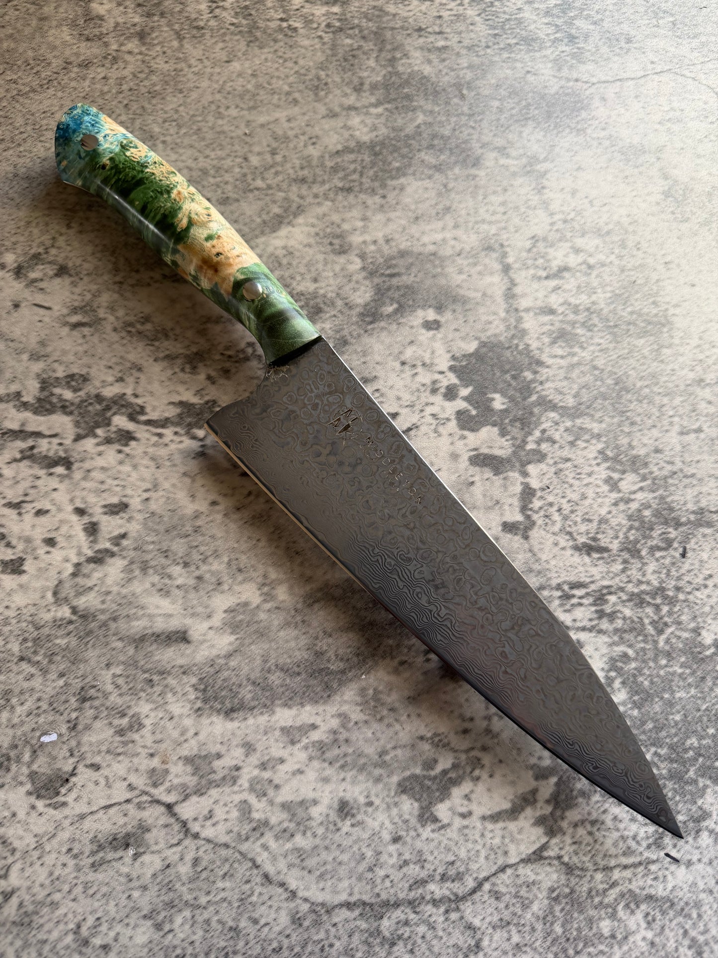 8” Damascus Chef with Green/Blue Box Elder Burl