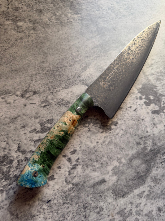 8” Damascus Chef with Green/Blue Box Elder Burl