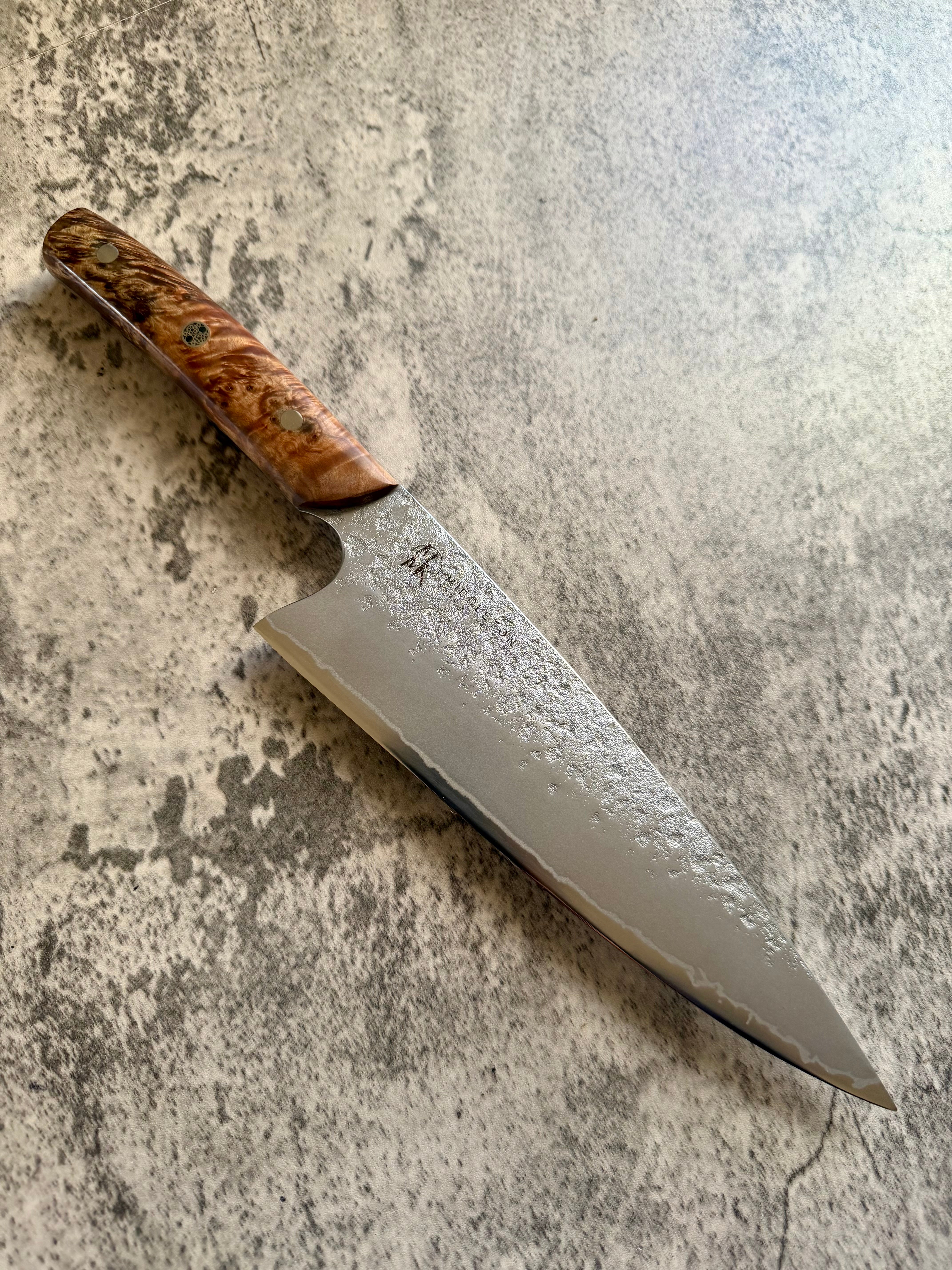 8” San mai Chef knife (Okoa) with Maple Burl – Middleton Made Knives