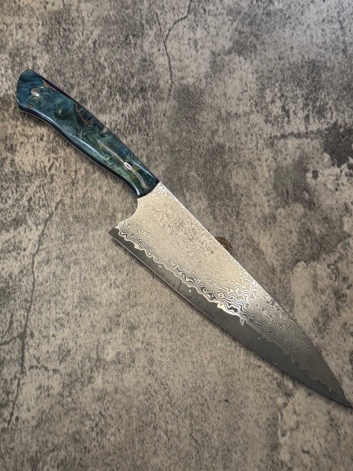 8” Damascus chef with blue resin/ blue buckeye burl