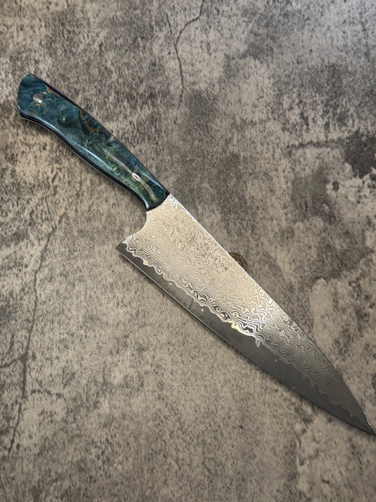 8” Damascus chef with blue resin/ blue buckeye burl