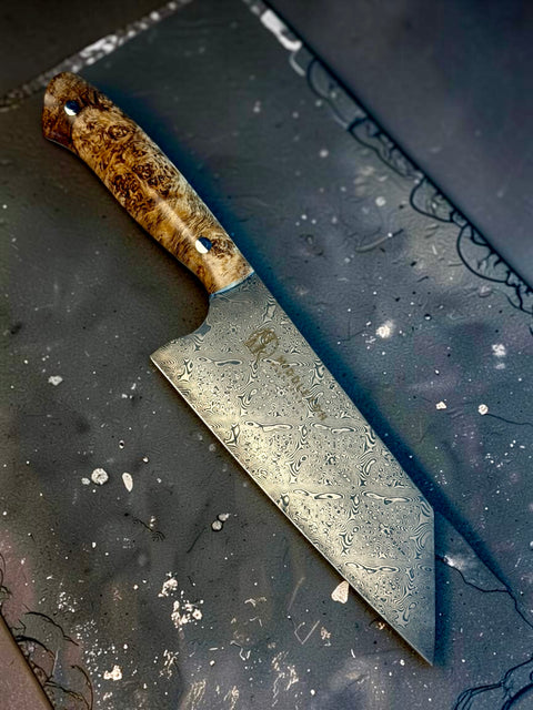 Black Ash Burl 6” Damascus Bunka knife