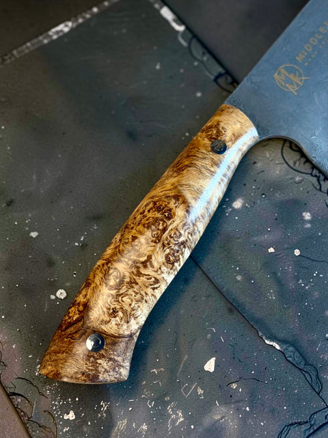 Black Ash Burl 6” Damascus Bunka knife