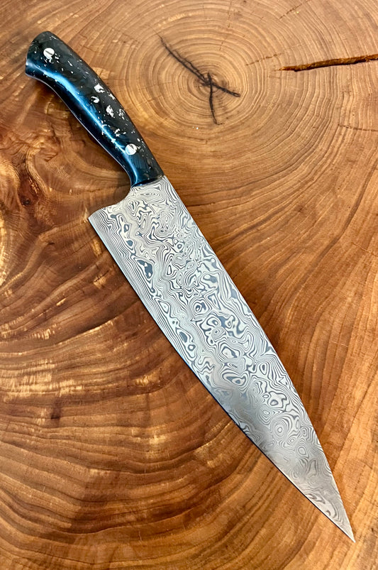 Custom 8” Damasteel with Carbon fiber and sliver leaf