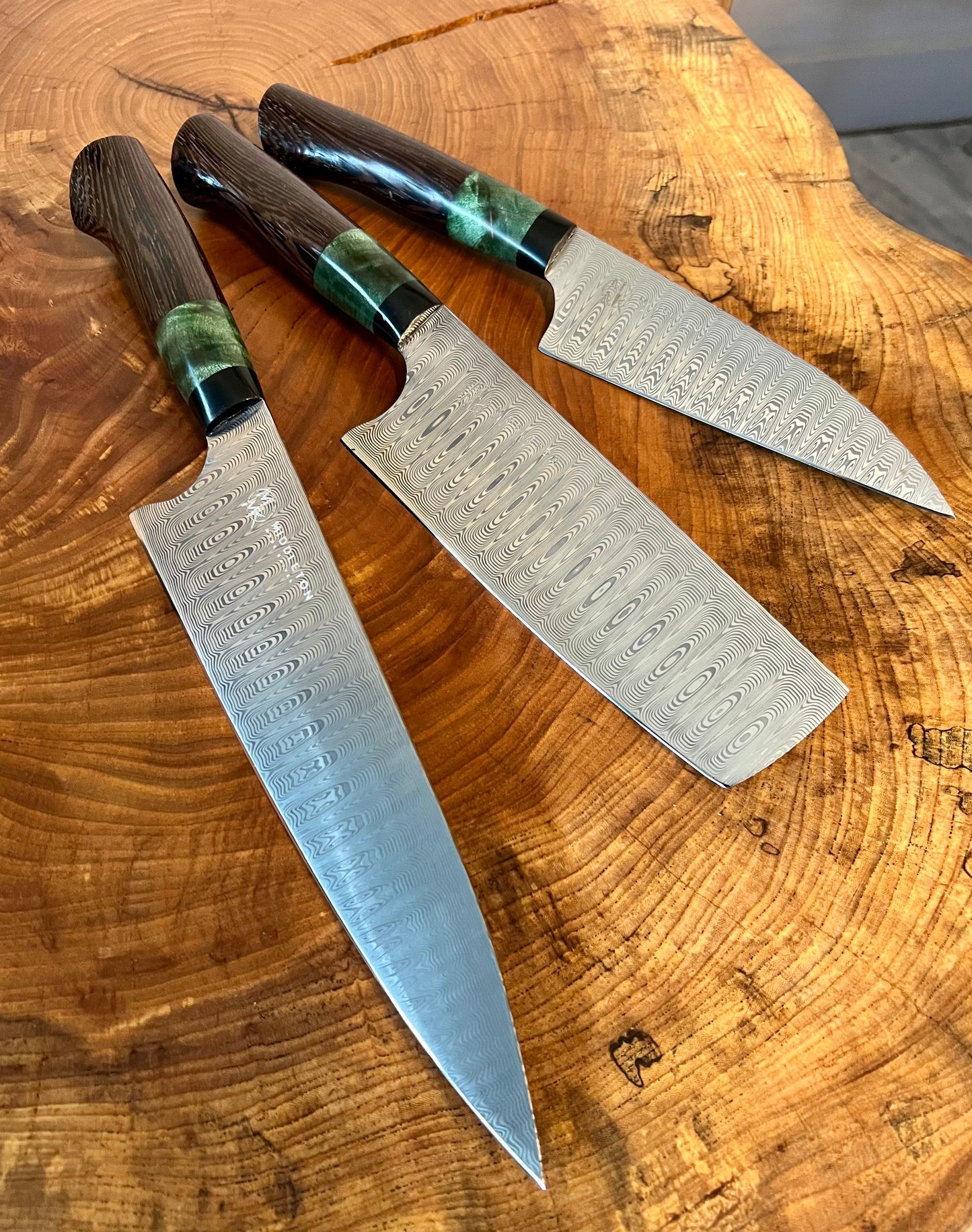 Custom Damascus set with Wenge and Green Maple Burl