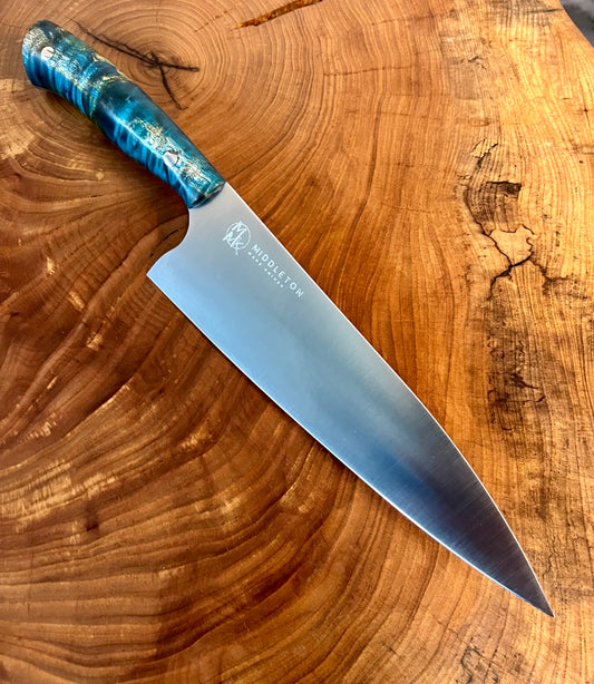 Custom 8” Chef with Teal Curly Maple