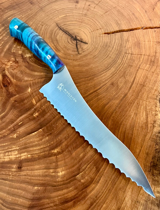 Custom 8” Offset Bread Knife with Blue Curly maple