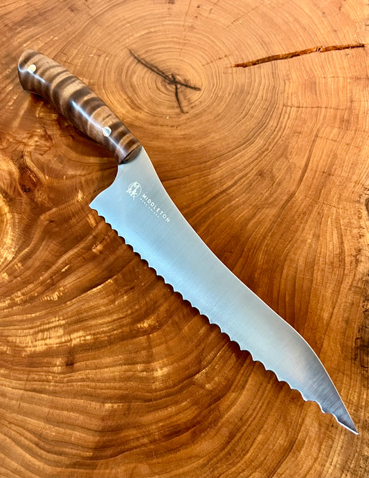 Custom 8” Offset Bread Knife with Brown Curly Maple