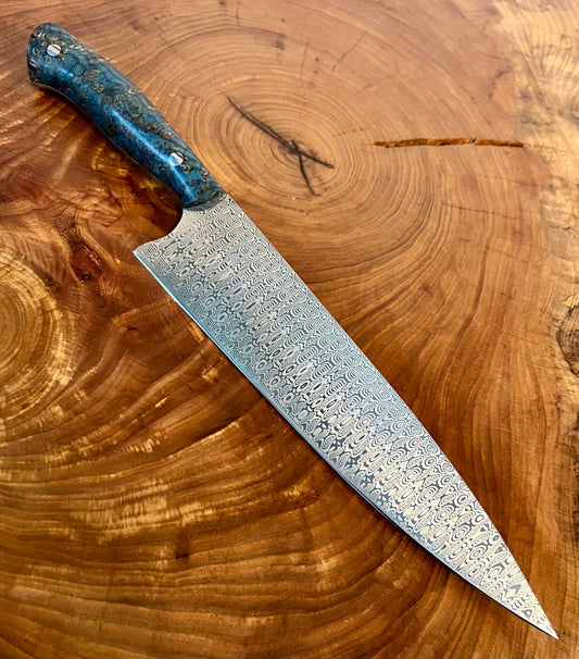 Custom 10” Damasteel Chef with Blue Black Ash Burl