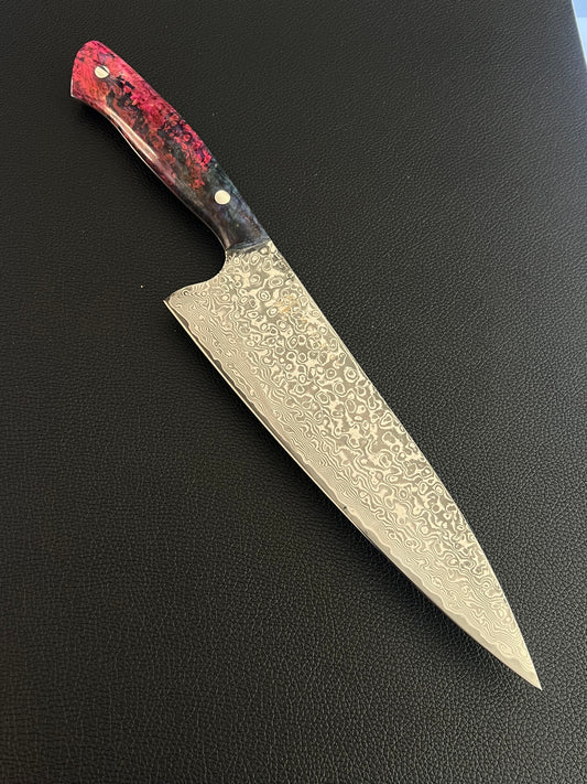 Custom 8” Damascus Chef with Blue/Pink Black ash burl