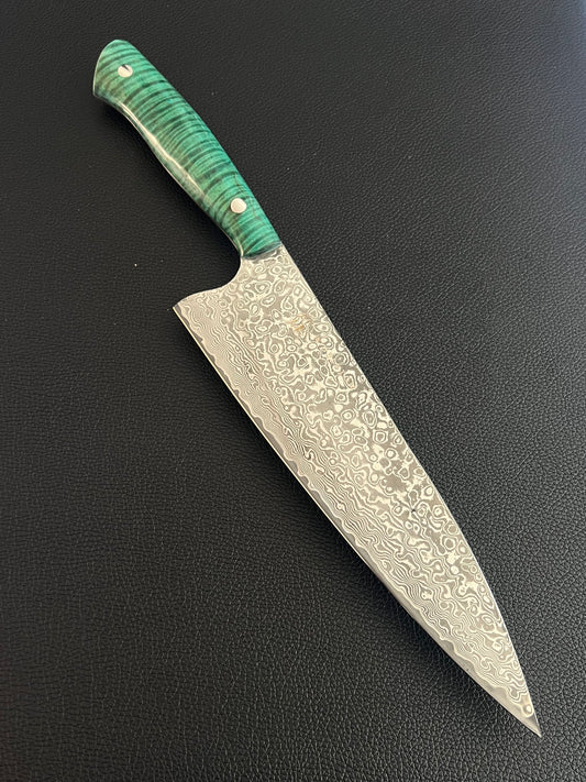 Custom 8” Damascus Chef with Green Curly Maple