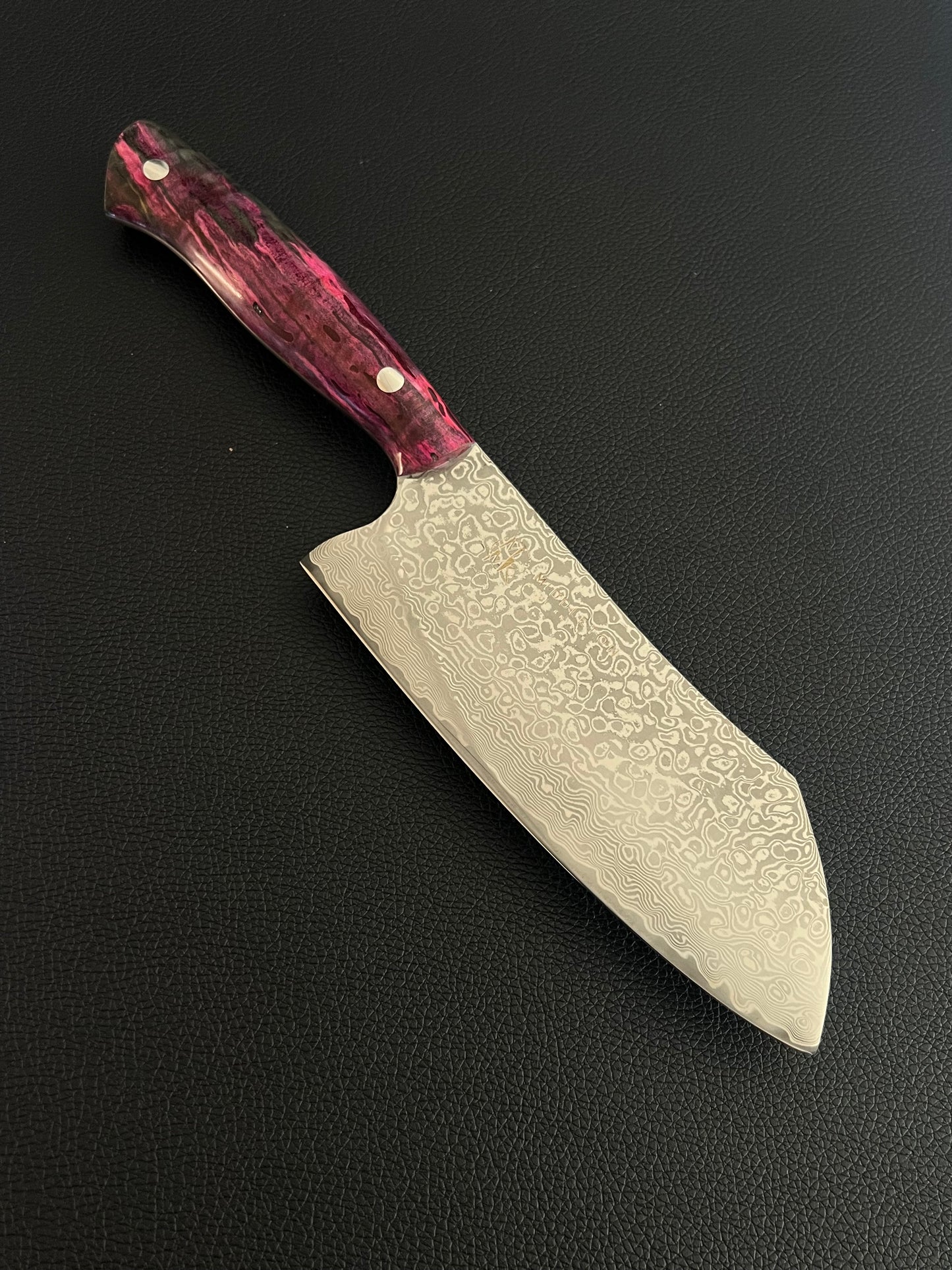 Custom 6” Damascus Santoku with Black/Pink Spalted Maple