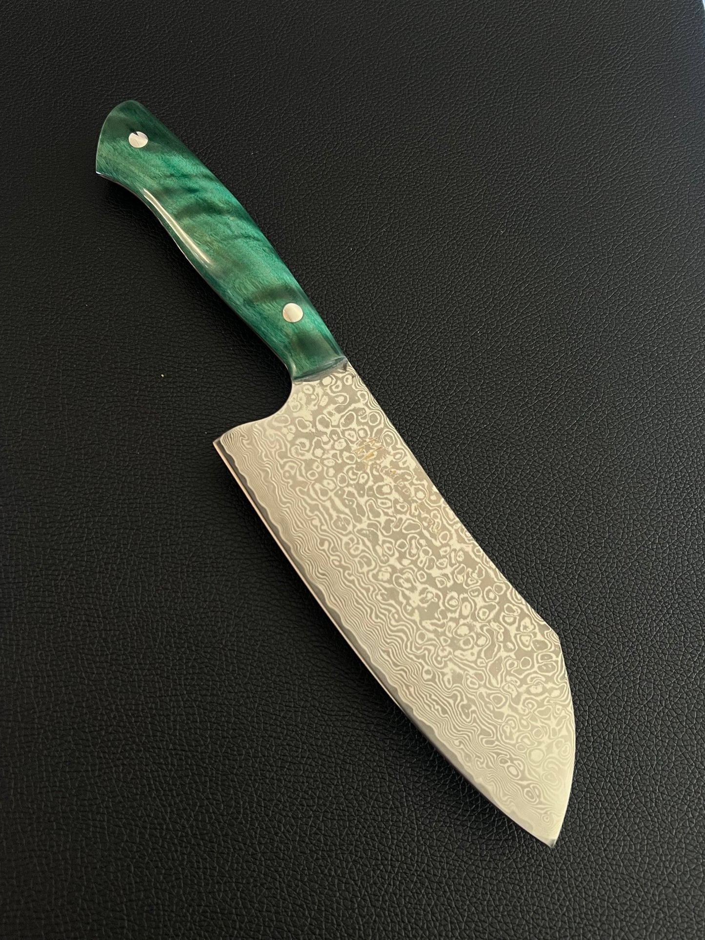 Custom 6” Damascus Santoku Green Curly Maple