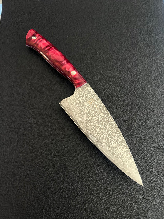 Custom 6” Damascus Chef with Red Pearl Kirinite