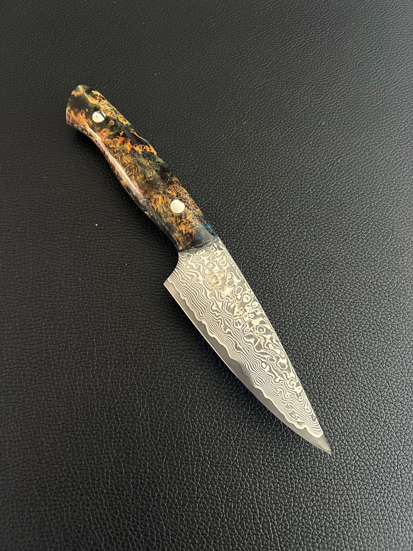 Custom 4” Damascus Paring with Blue Black ash burl