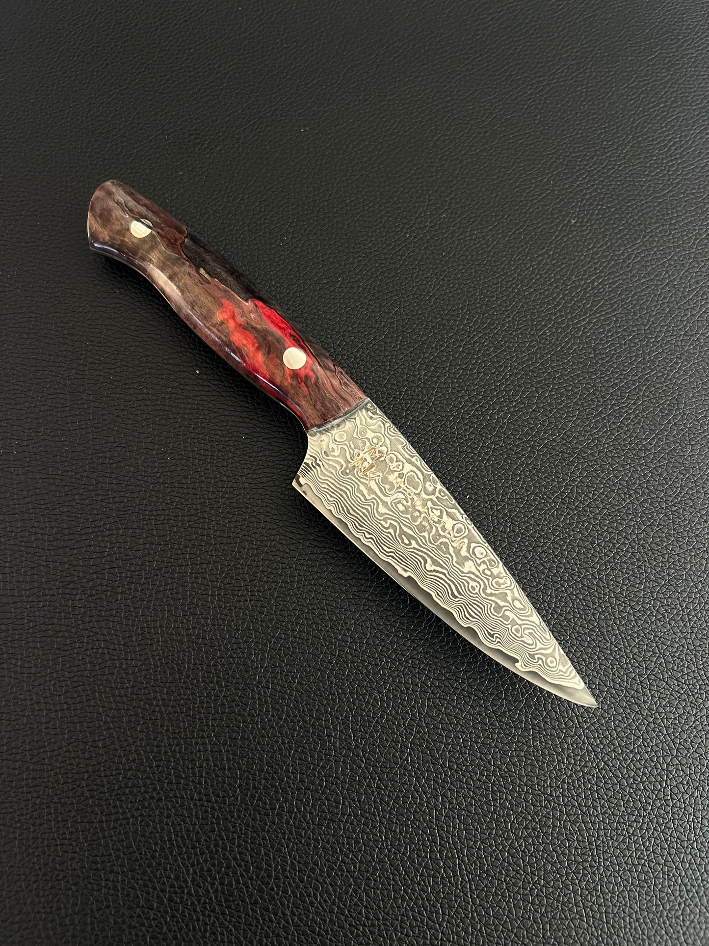 Custom 4” Damascus Paring with Black/Red Spalted Maple