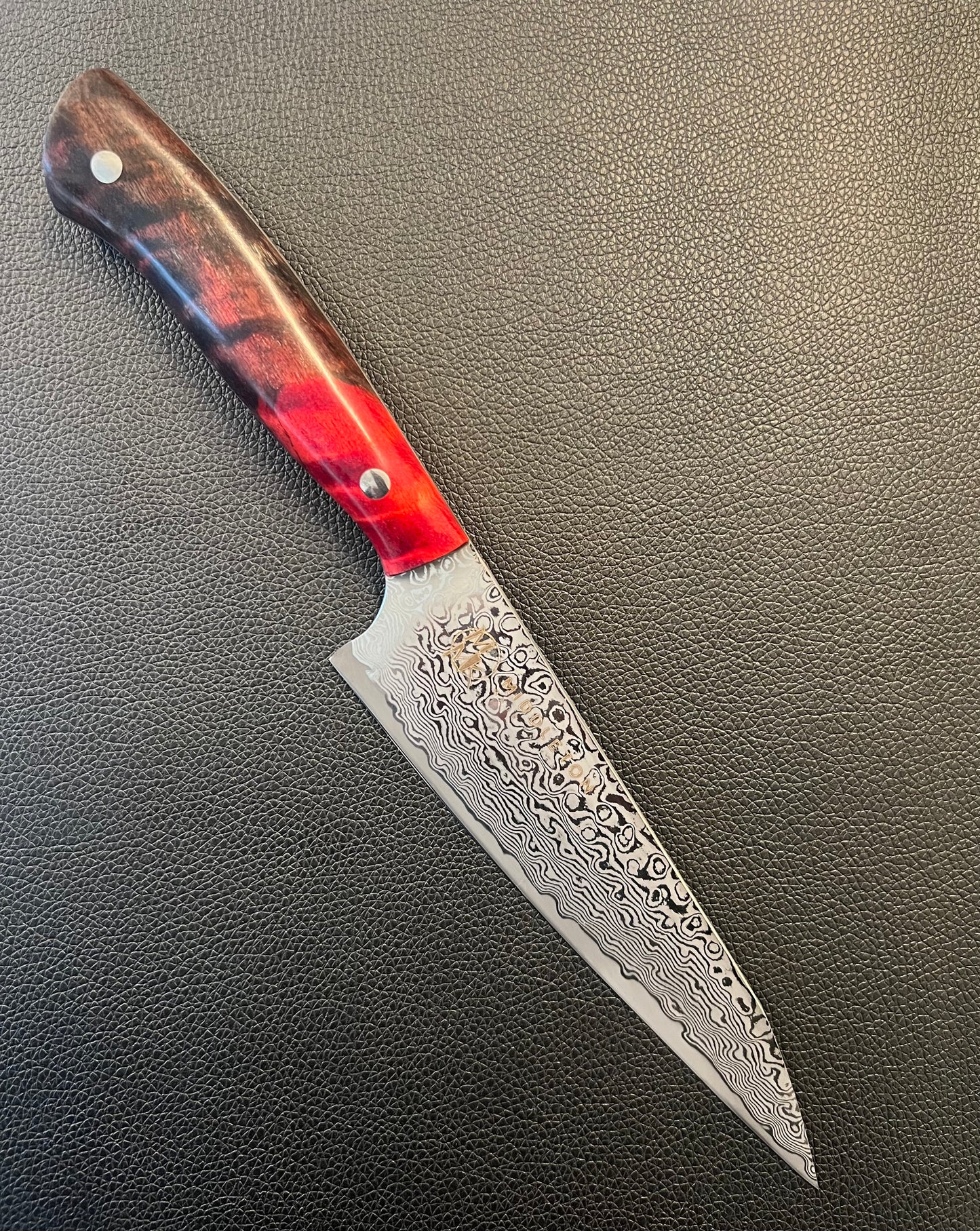 6” Damascus Petty with red/black curly maple