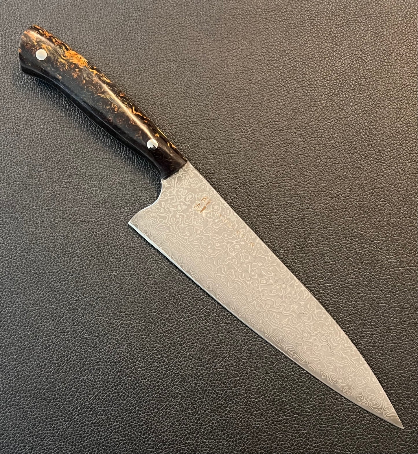 Custom 8” Damascus Chef with Black Curly Maple