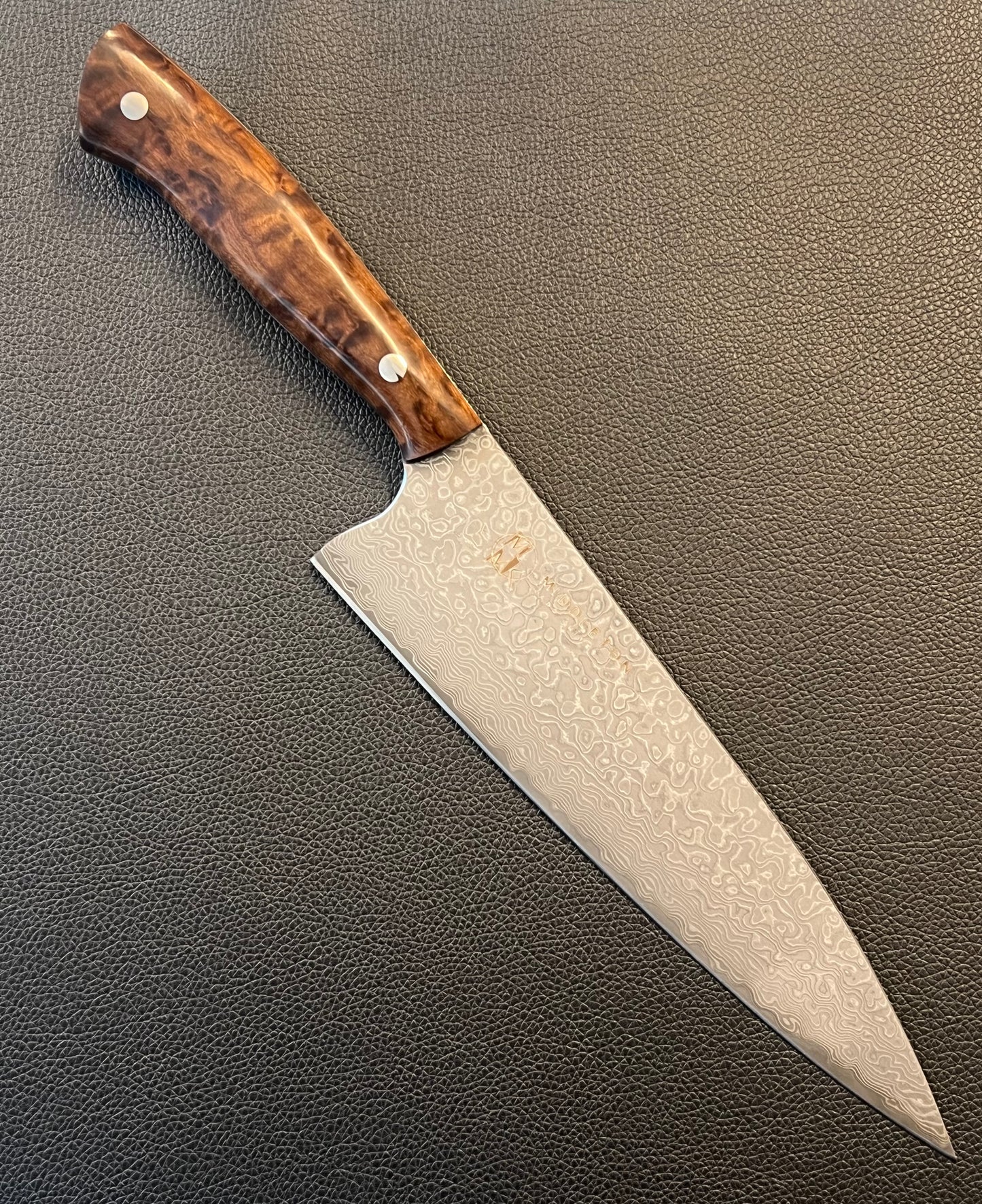 Custom 8” Damascus Chef with Brown Curly maple