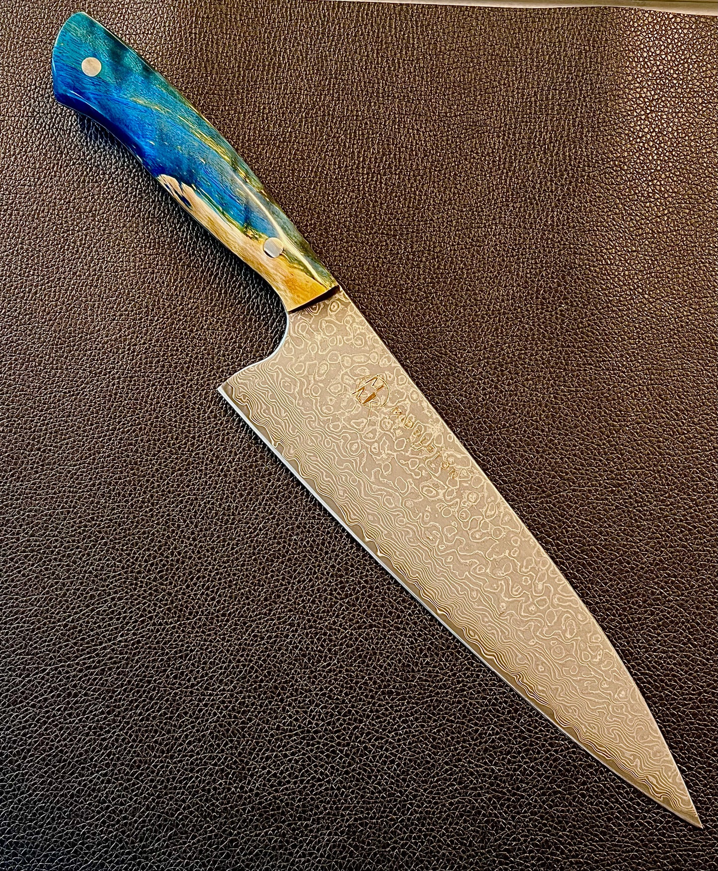 Custom 8” Damascus Chef with blue/yellow curly maple