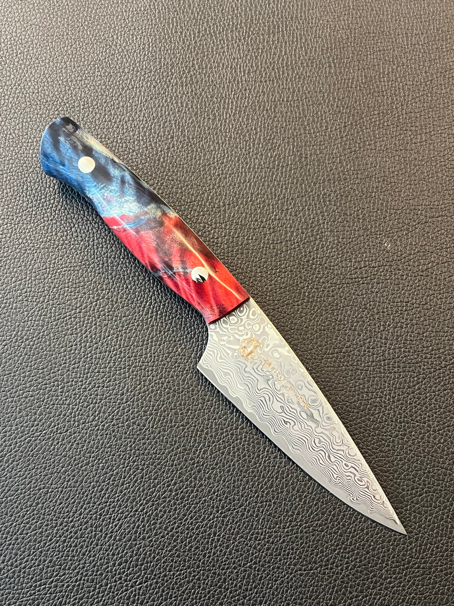 Custom 4” Damascus Paring with Red/ blue Box elder Burl