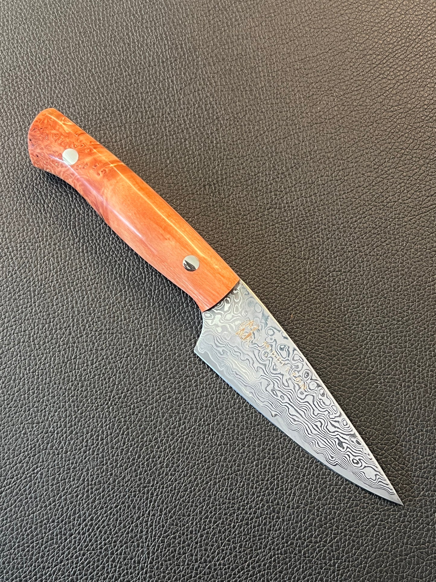 Custom 4” Damascus paring with Orange maple burl