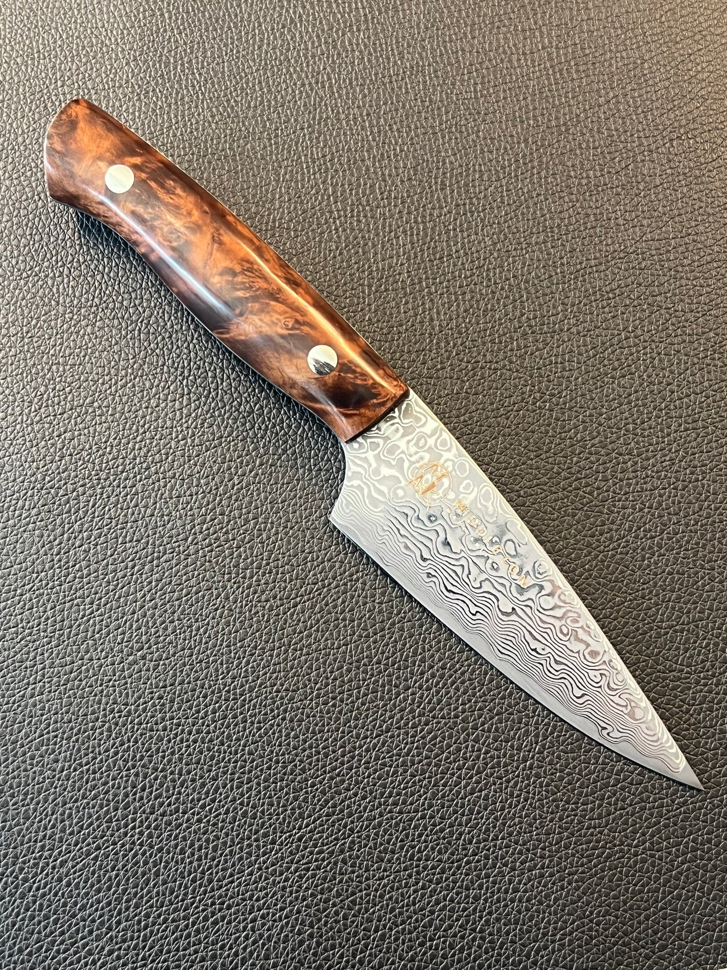 Custom 4” Damascus paring brown curly maple