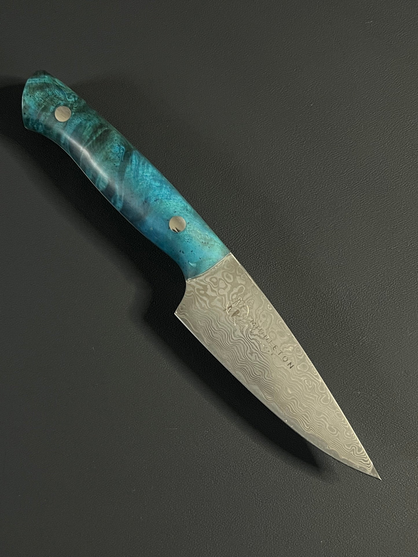 4” Damascus paring with teal maple burl