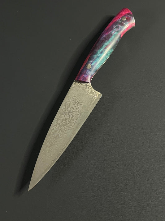 5” Damascus petty with multi-color curly maple