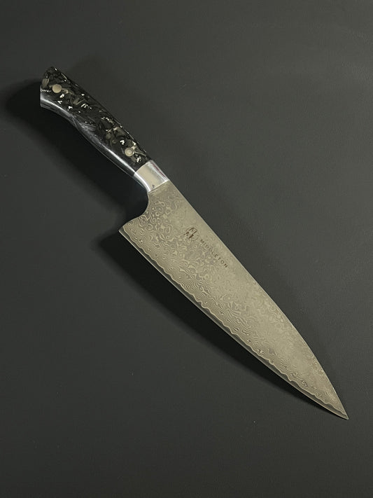 8” Damascus chef with silver and carbon fiber resin