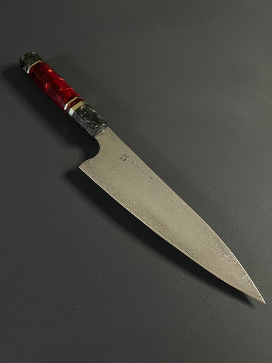 8” Damascus Gyuto with red resin and carbon fiber wa handle