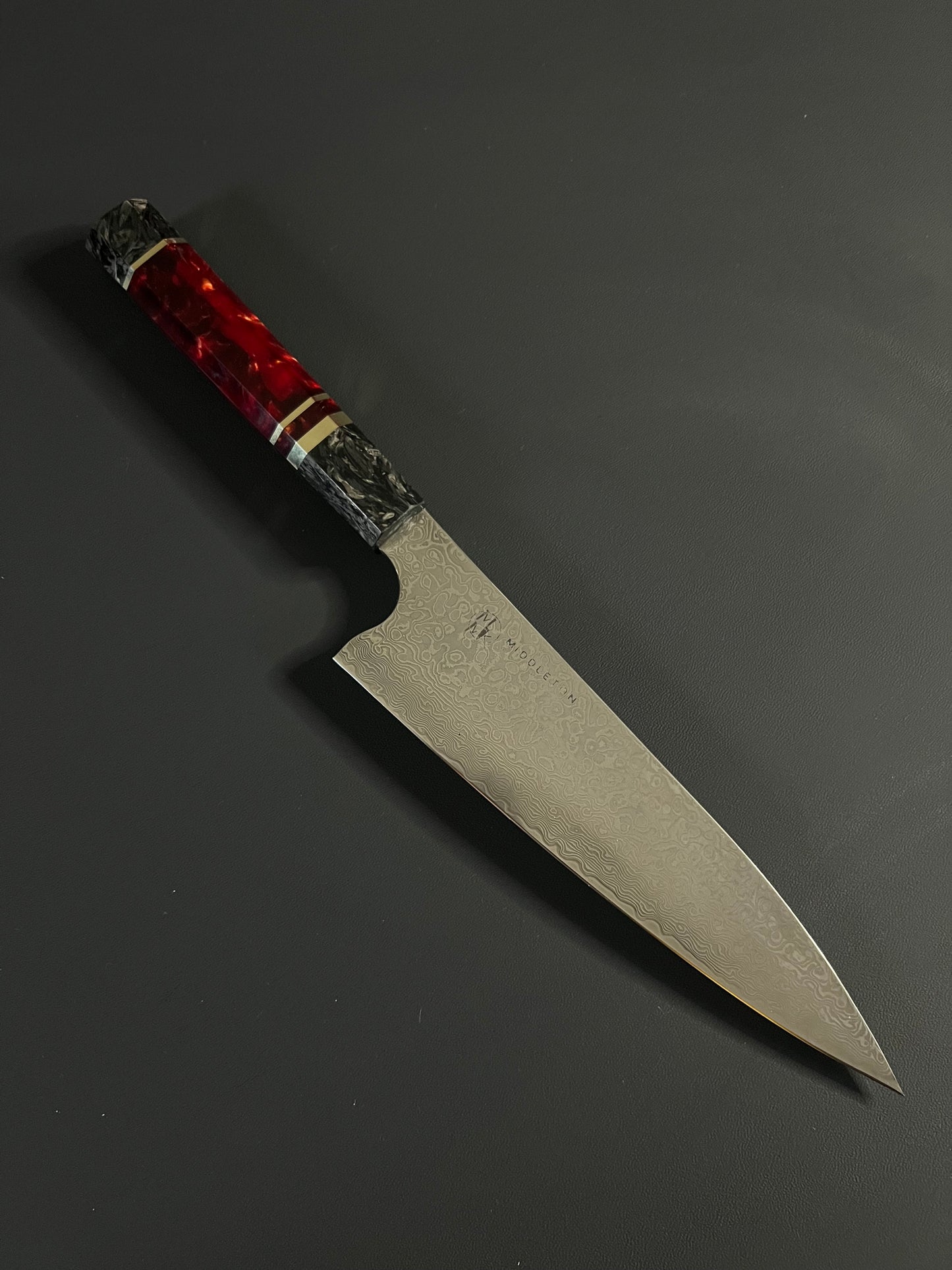 8” Damascus Gyuto with red resin and carbon fiber wa handle