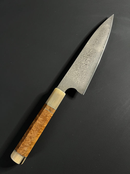 8” Damascus Gyuto with maple Burl and horn wa handle