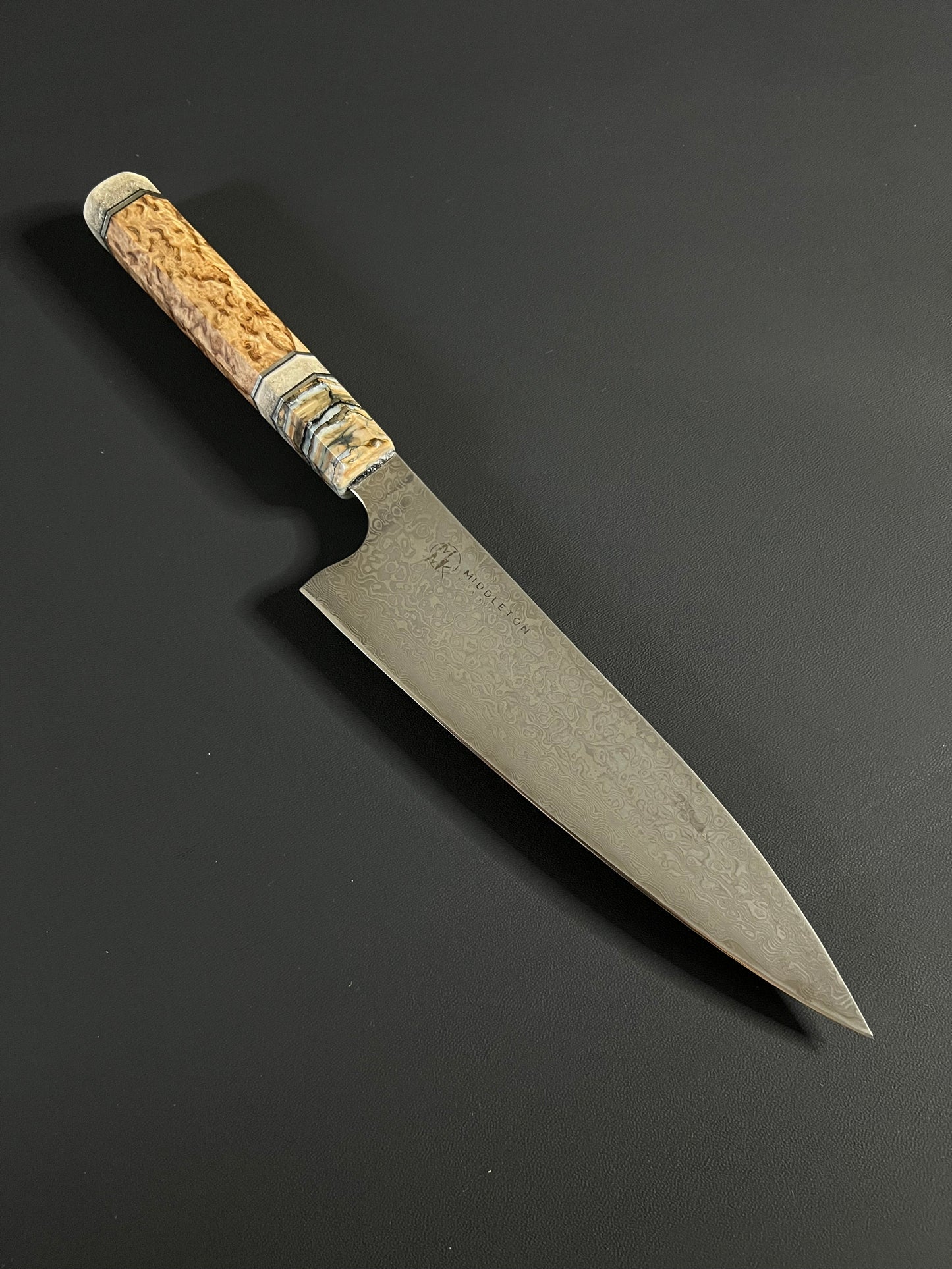 8” Damascus Gyuto with birch, antler and mammoth tooth wa handle