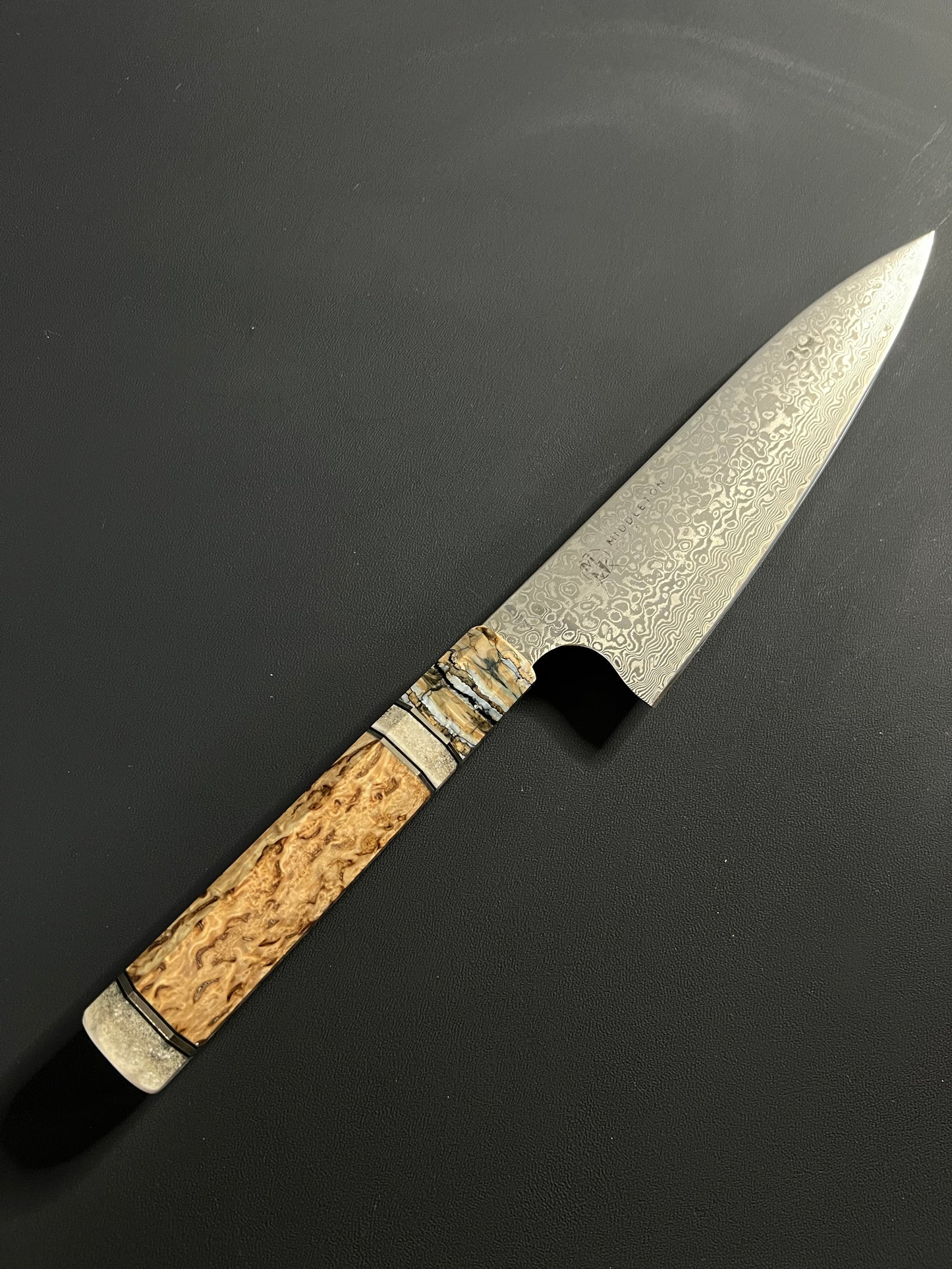 8” Damascus Gyuto with birch, antler and mammoth tooth wa handle