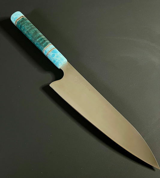 10” Gyuto with curly maple and larimar wa handle