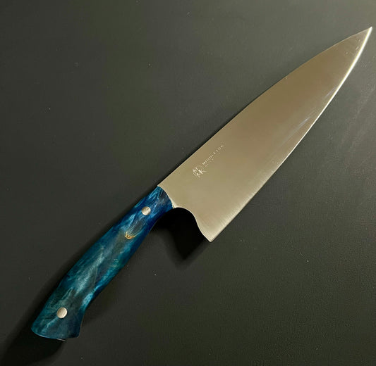 10” Chef knife with blue curly maple