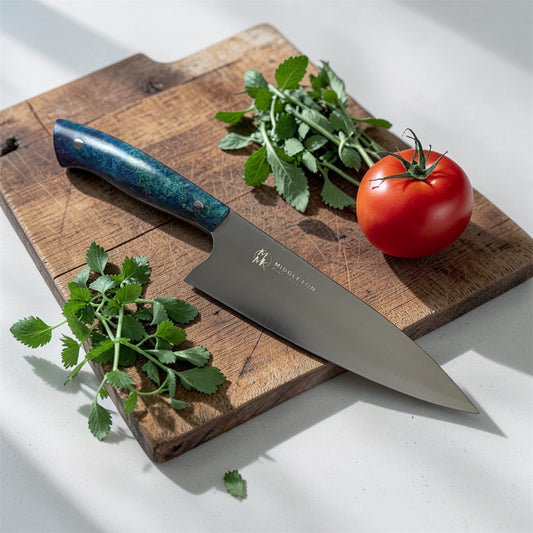 8” chef with Blue/Green Box Elder Burl