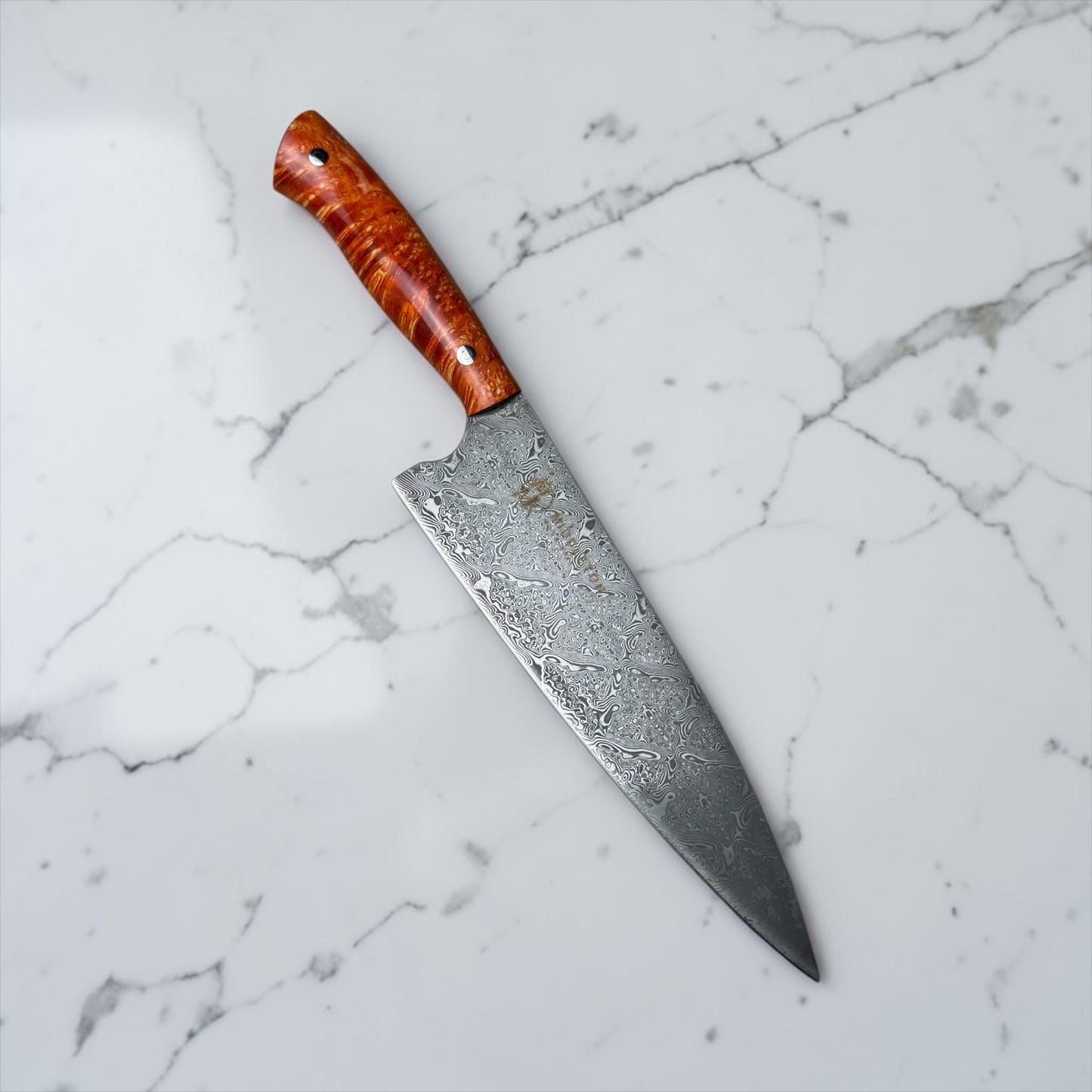 8” Damascus Chef with Orange Box Elder Burl