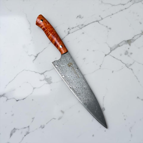 8” Damascus Chef with Orange Box Elder Burl